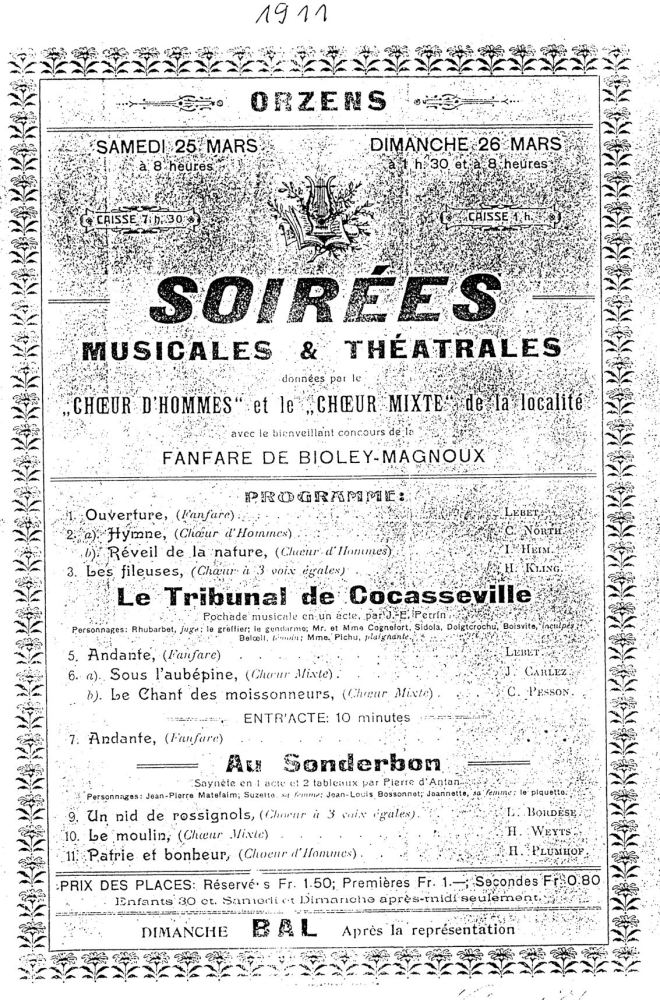 affiche Orzens mars 1911 soirees musicales et theatrales