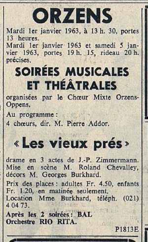 FEUILLE D AVIS DE LAUSANNE 31 dec 1962 LES VIEUX PRES Orzens