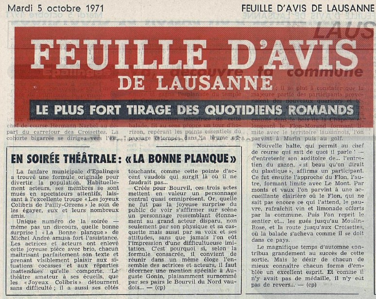 FEUILLE D AVIS DE LAUSANNE 5 oct 1971 troupe Pailly-Orzens LA BONNE PANQUE