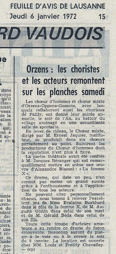 FEUILLE D AVIS DE LAUSANNE 6-janv-1972 LA FEMME X Orzens