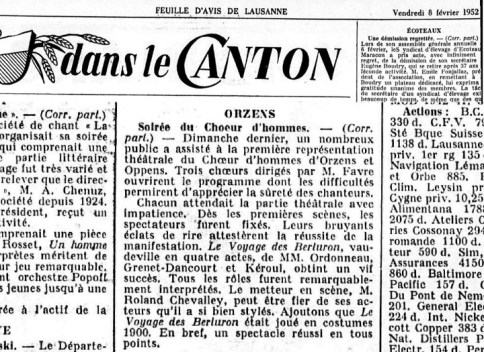 FEUILLE D AVIS DE LAUSANNE 8 fev 1952 le voyage de Berluron Orzens