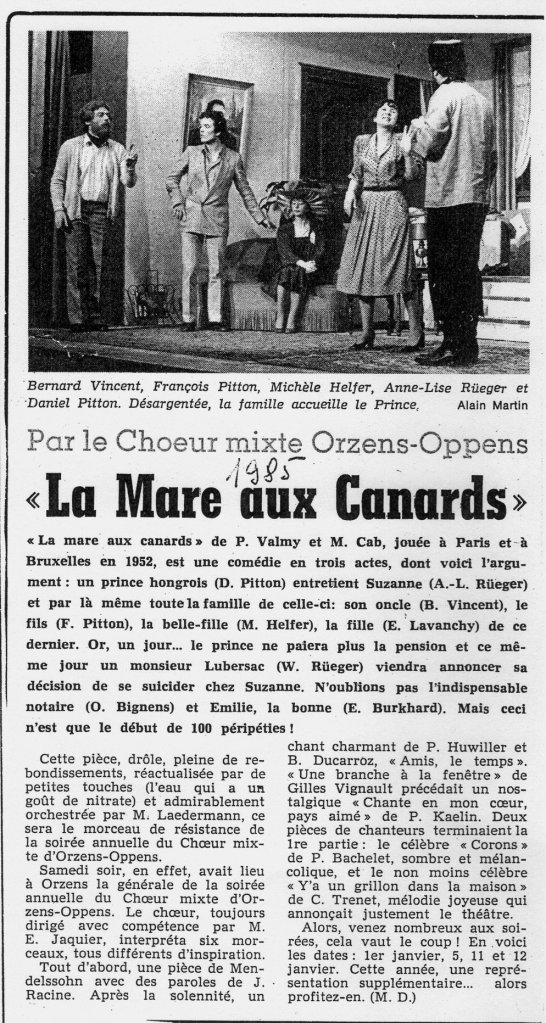 Journal d Yverdon LA MARE AUX CANARD janvier 1985 Orzens