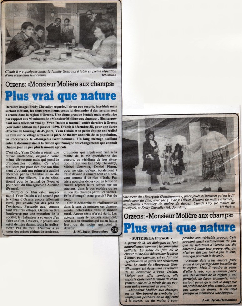 Journal du Nord vaudois 1989 pages 1 et 20 MONSIEUR MOLIERE AUX CHAMPS Orzens