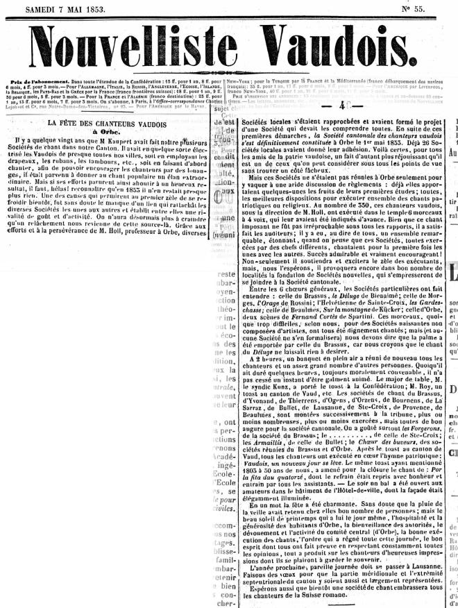 Nouvelliste Vaudois 7 mai1853 FETE DES CHANTEURS VAUDOIS ORBES