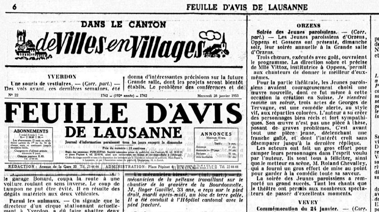 FEUILLE D AVIS DE LAUSANNE 28 janv 1953 Je viendrai comme un voleur Orzens