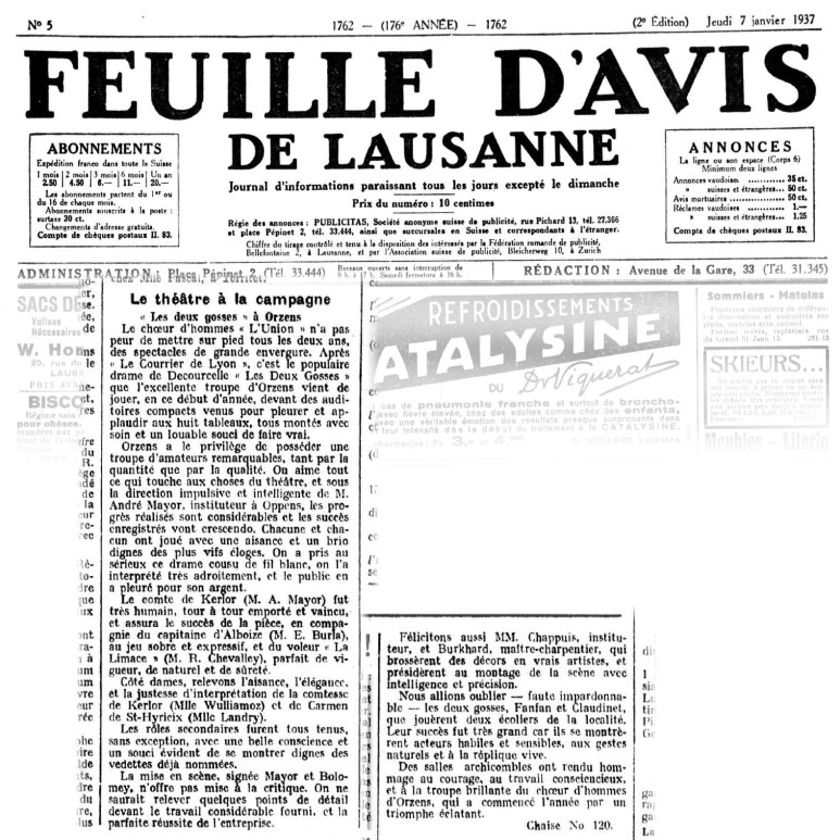 FEUILLE D AVIS DE LAUSANNE 7 janvier 1937 Les deux gosses ORZENS