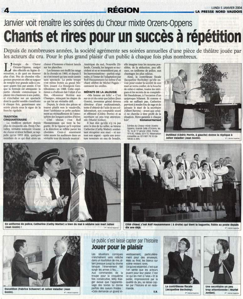 la presse N V Ma femme est folle Orzens janvier 5 2004
