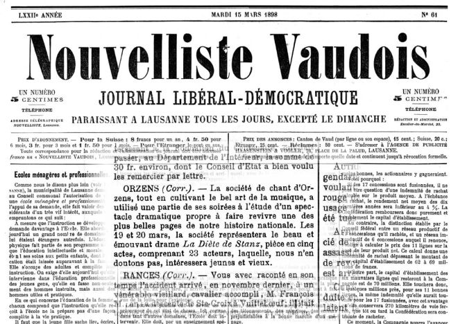 Nouvelliste Vaudois 15 mars 1898 L Diete de Stanz ORZENS