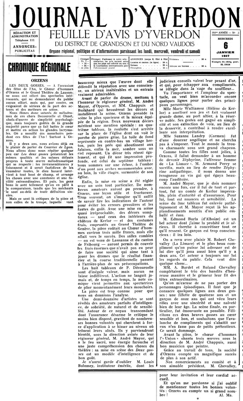 Journal d Yverdon 6 janvier 1937 ORZENS Les deux gosses