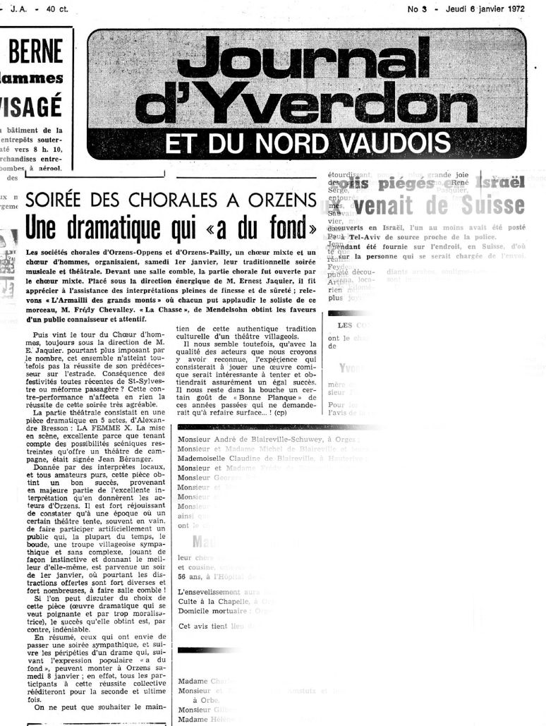 JOURNAL D YVERDON La femme X 06 janvier 1972