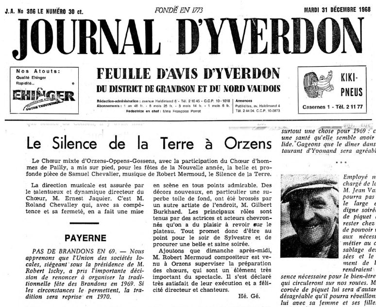 JOURNAL D YVERDON Le Silence de le Terre 31 decembre 1968