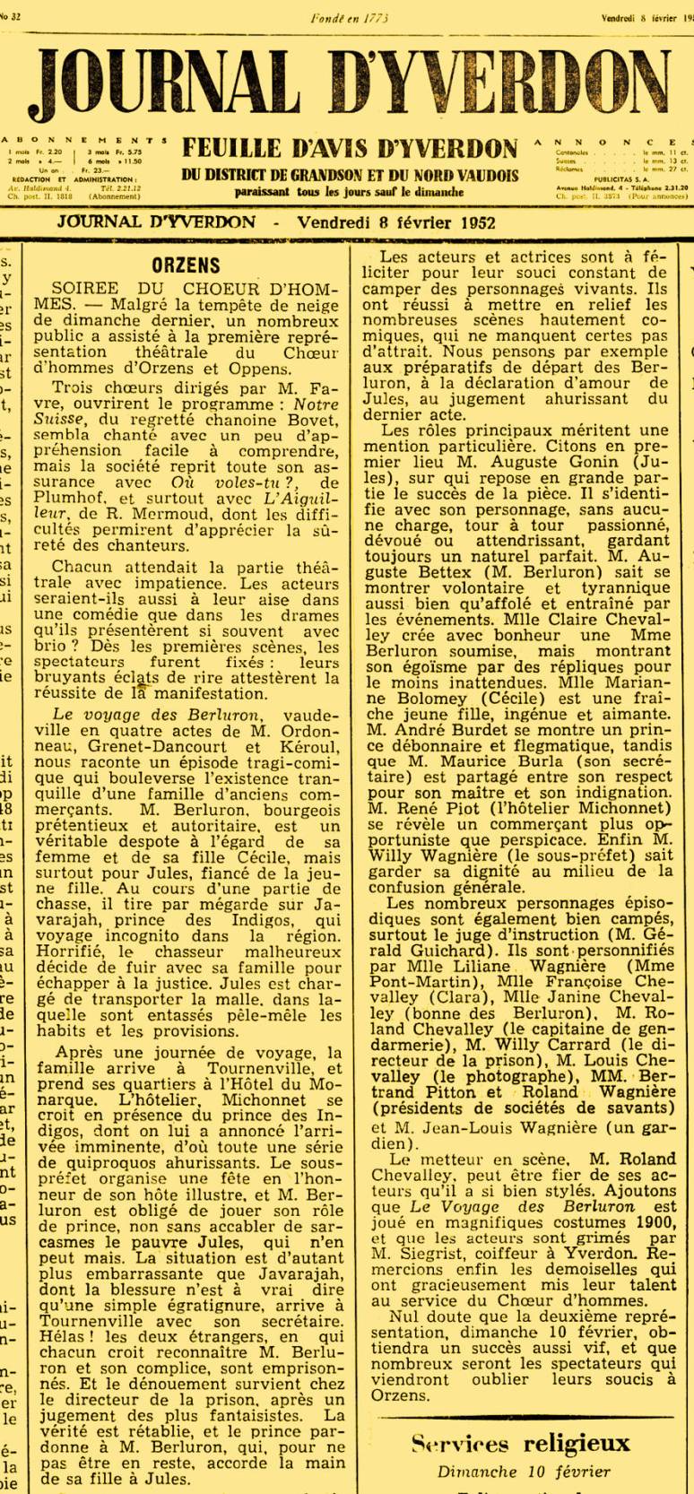 Journal d Yverdon 1952 ORZENS LE VOYAGE DES BERLURON